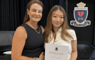 A photo of winner Grace Lee with her OLSH College Science Teacher, Ms Giovanna Vlahos